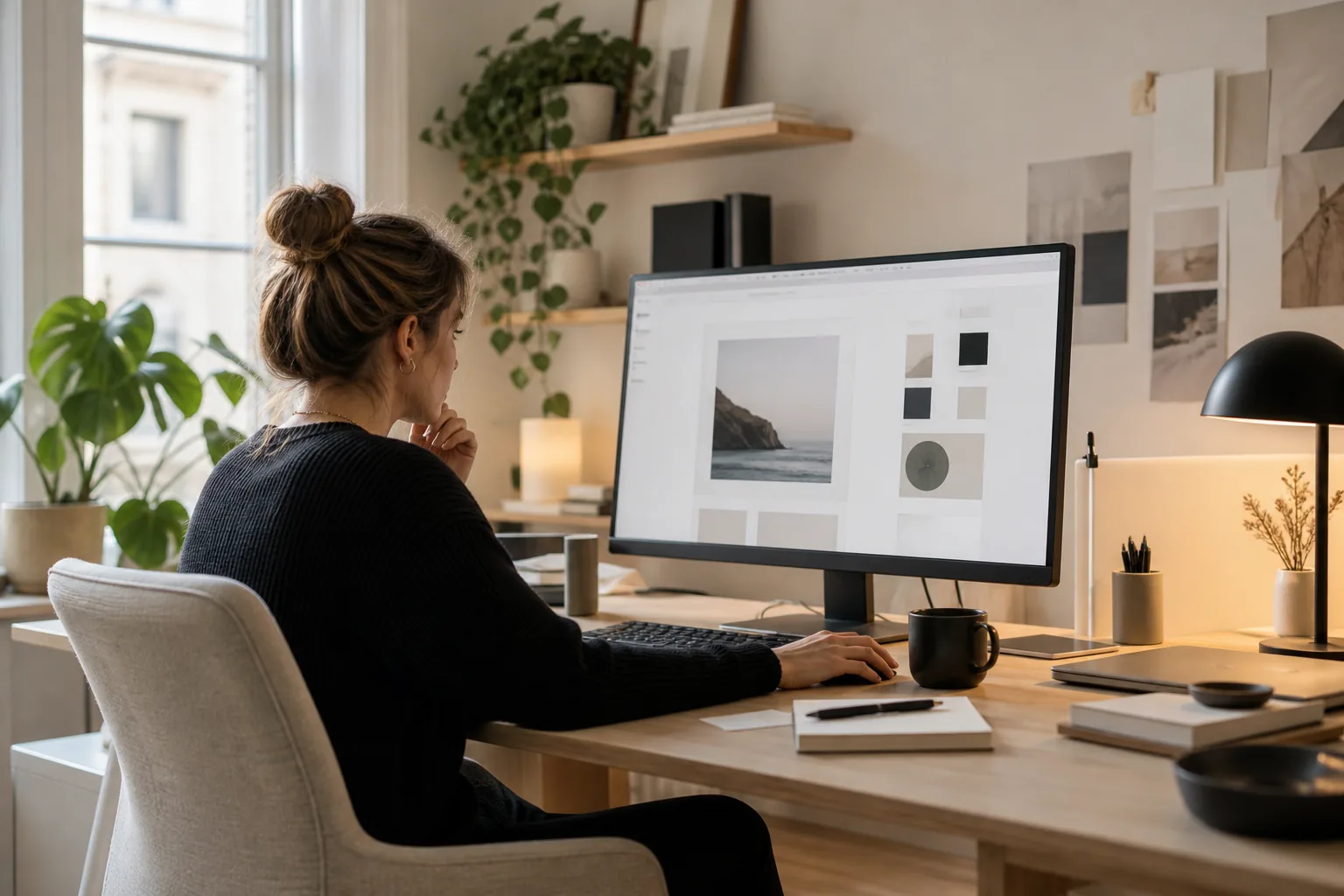Modern skandinavisk studioarbetsplats med webbdesign på skärm