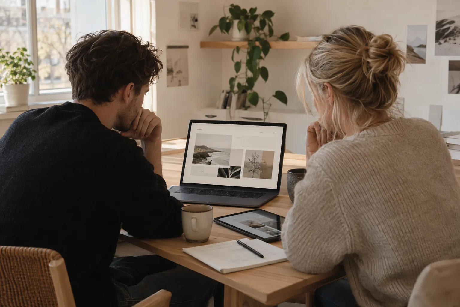 Två personer granskar ett webbkoncept vid ett skrivbord